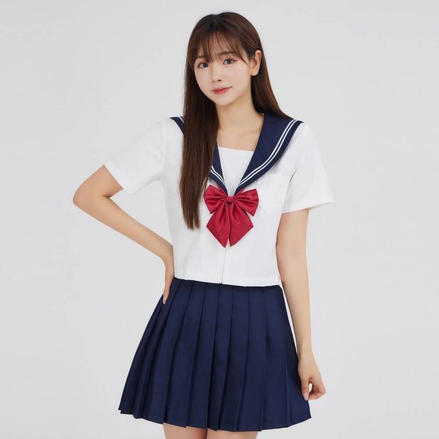 TBZ 교복몰 화이트_네이비 플리츠 세라복 세트 (반팔)