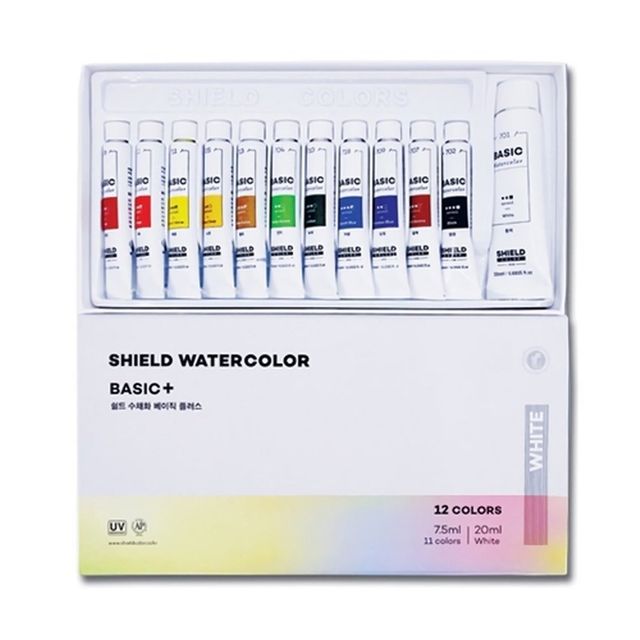 (쉴드) 전문가용 수채화 베이직 플러스물감 7.5ml 11색+화이트 20ml (5개입)