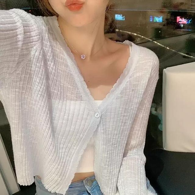 여성 여름 쿨가디건 V카라 숏니트 긴소매카디건