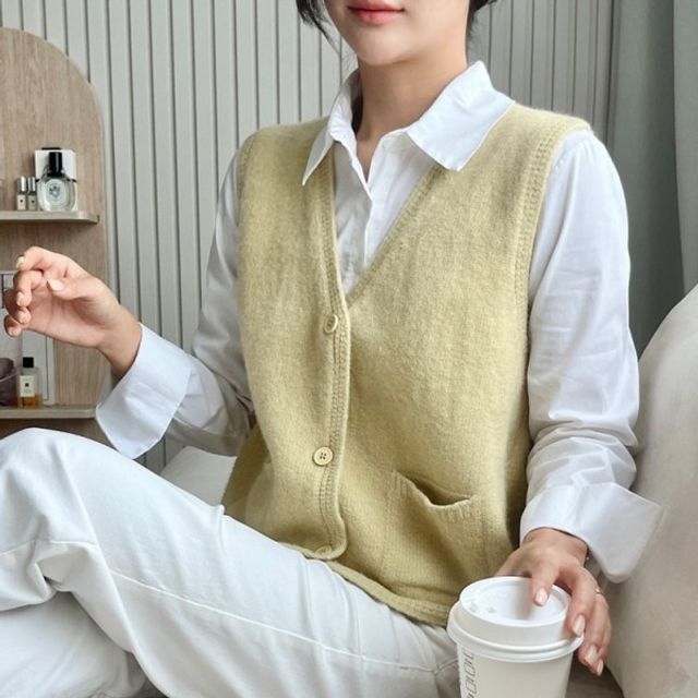 메커드 심플 트렌디 포켓디테일니트탑 슬리브리스