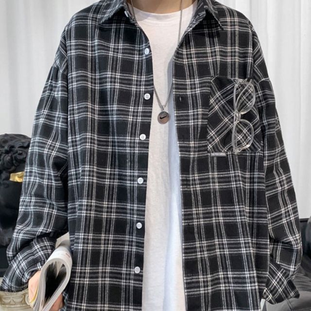 오버핏 체크남방 학생룩 긴팔자켓 봄청년 셔츠