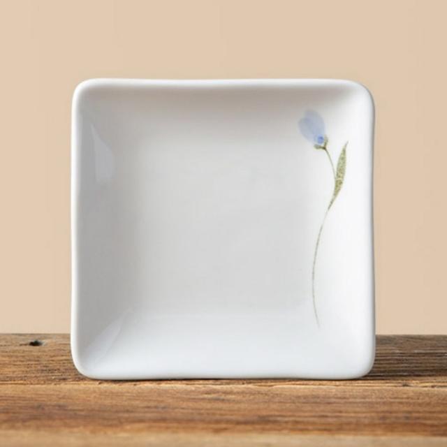 이천 도자기 정사각 앞접시, 청꽃 고백자 12.8cm