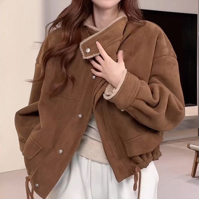 여성 양털 무스탕 자켓 브라운 1P 밑단 스트링 포근한 겨울 숏점퍼