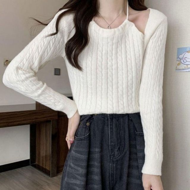 이지웨어 레이디스 홀터넥 볼레로가디건 꽈배기패턴 롱슬리브 풀오버 티 폴로티 박스티줄무늬 스테디 솔리