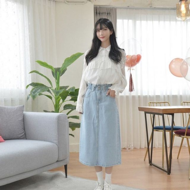 GBM 데님스커트 롱 청스커트 교복몰 투버튼밴드 연청