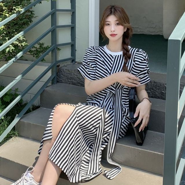 롱 롱원피스 원피스 스트랩 스트라이프
