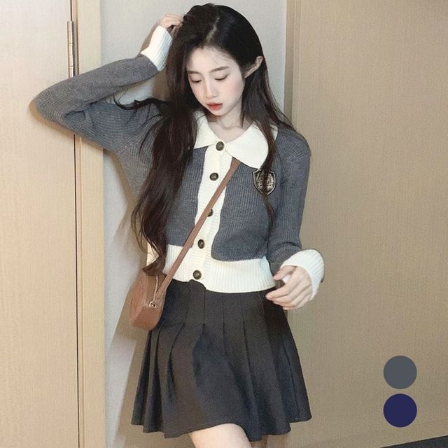 여성 스쿨룩 카라니트 단추 가디건, 골지 금장버튼 아우터
