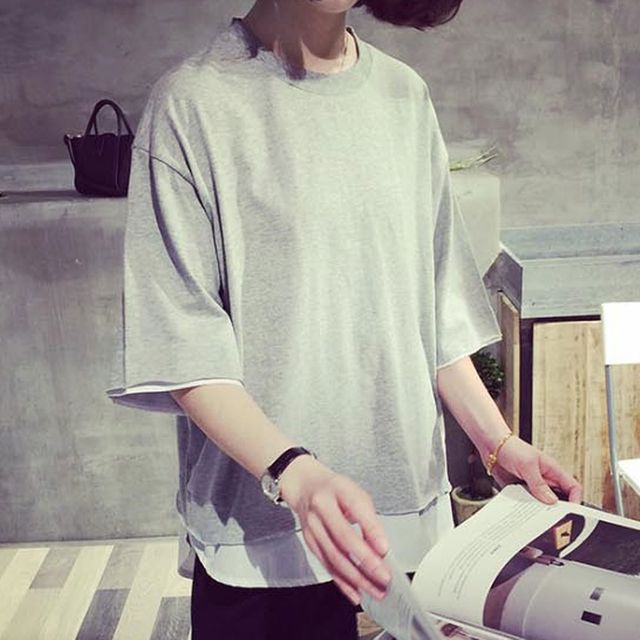 레이어드 무지 티셔츠 반팔 루즈핏 라운드넥 캐주얼룩