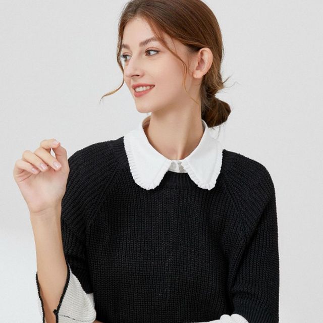 사이드 넥카라 셔츠 플리츠 패턴 페이크 포인트 이너