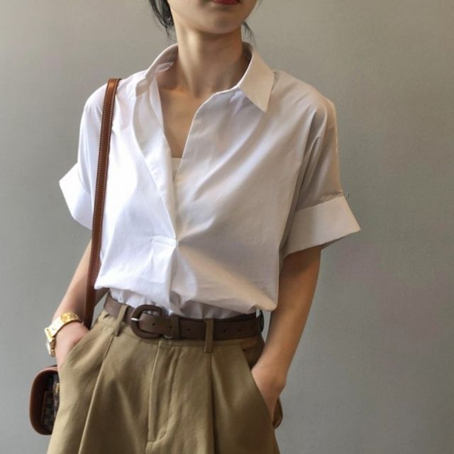 오프닝 블라우스 롤업 기본 여성 셔츠 여름 반팔