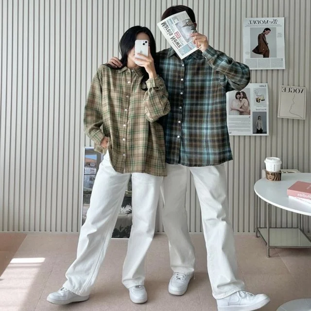 여성 6컬러 심플 오버핏 가을 체크셔츠 블라우스