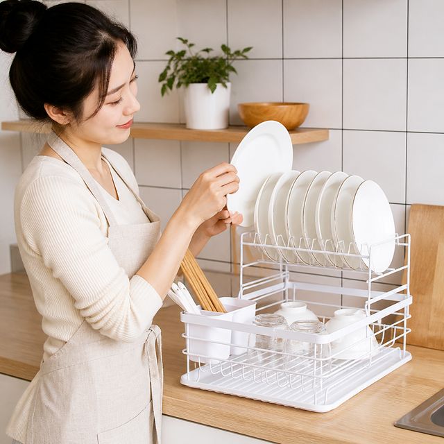 주방 식기건조대 2단 철재 선반 접시꽂이 수저통 정리대