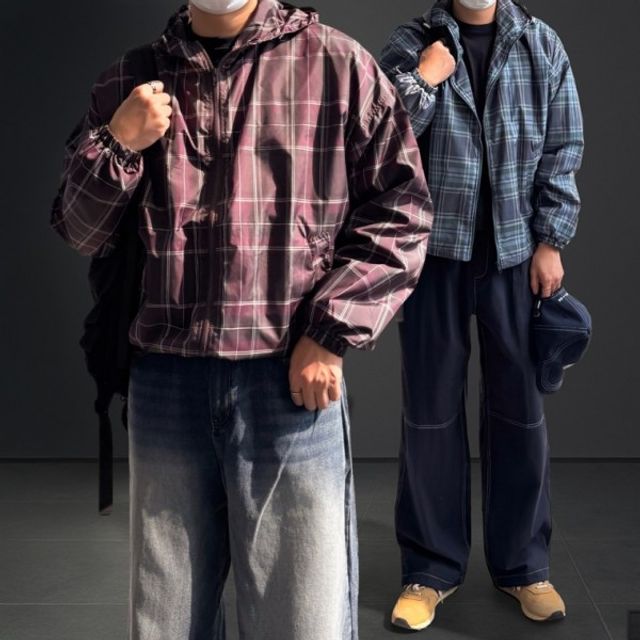 바람막이 자켓 크롭 커플 런닝 오버핏 윈드브레이커 비비오 후드 체커