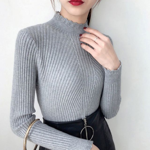 여성 슬림라인 꽃잎무늬 풀오버 부드러운 긴팔 니트티