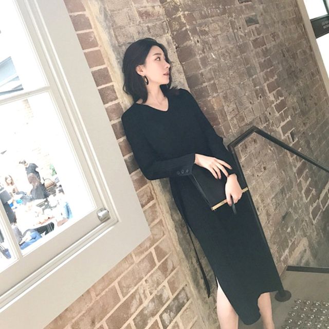 여자 데일리 심플 슬림핏 긴팔 골지 니트 롱 원피스