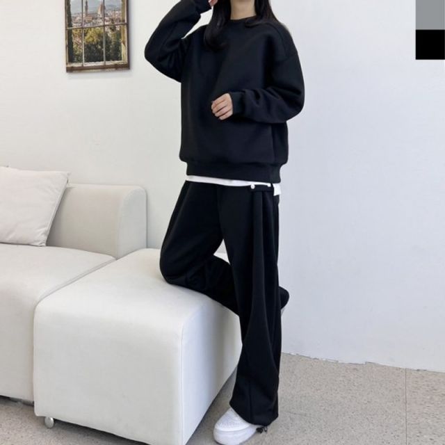 GBB 우먼 시그니처 윈터 웜라이닝 스웻셔츠 크루넥티사이드 스냅 보아 루즈 트라우저 세트(양털안감)
