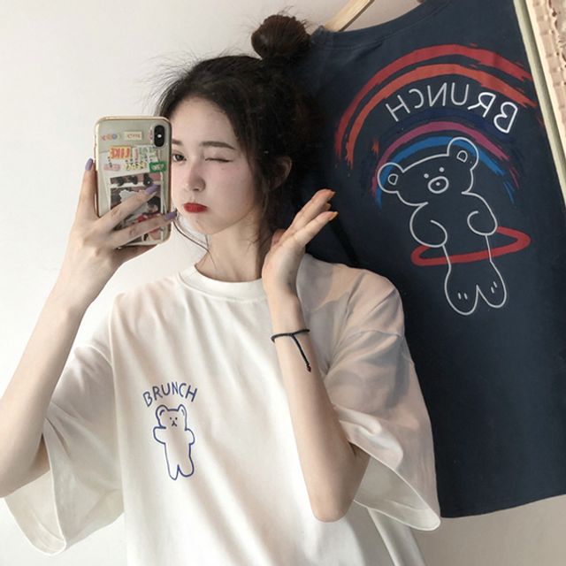 여성 2컬러 곰돌이 프린팅 라운드 반팔 티셔츠