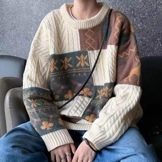 남자 겨울 루즈핏 라운드넥 니트 긴팔 티셔츠 데일리 남성 니트웨어