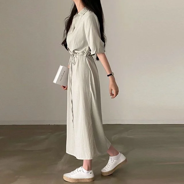 허리 스트랩 카라 브이넥 롱원피스 TD-1009932