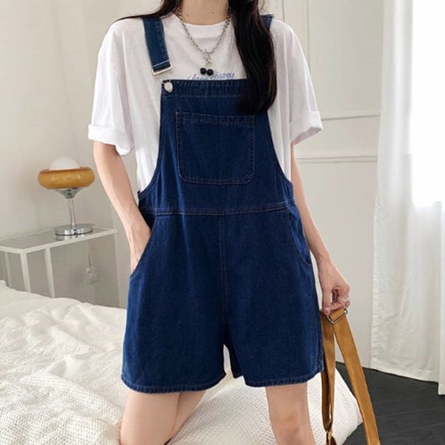 데님 청 진청 점프수트 멜빵 청바지 반바지 와이드