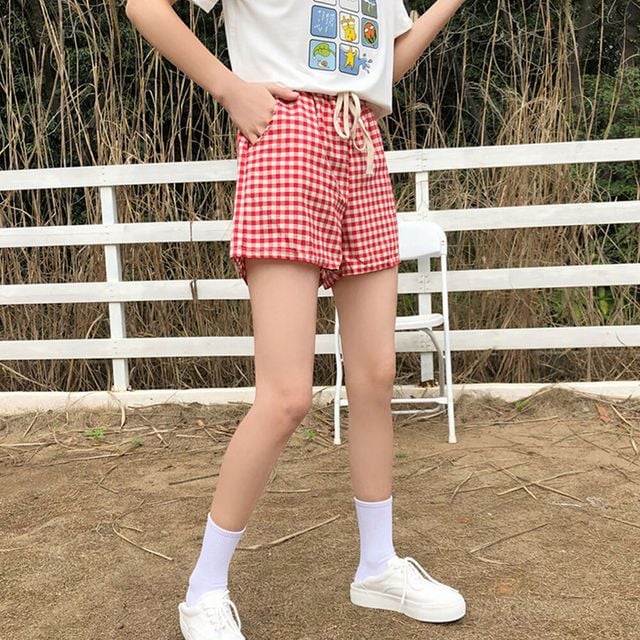 여름 여행 편한 체크 숏팬츠 밴딩 캐주얼 여자 반바지