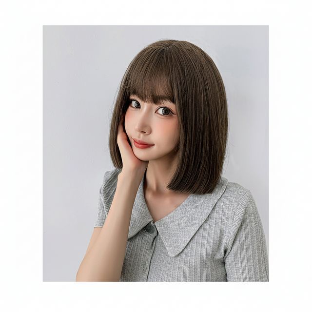 자연스러운 C컬 단발 통가발 올리브브라운 데일리 헤어 스타일