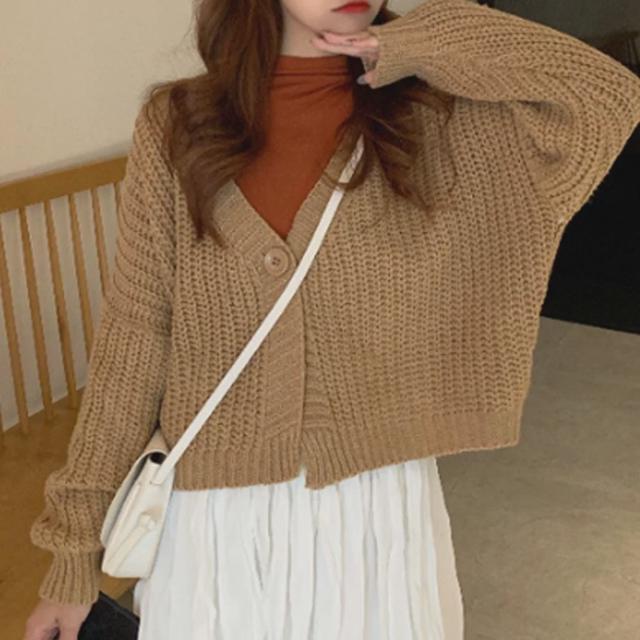 깊은 브이넥 기장 짧은 가디건 가을 간절기 봄가디건