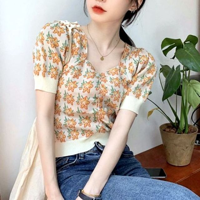 반팔 예쁜 크롭 꽃무늬 브이넥 여성 니트 티셔츠