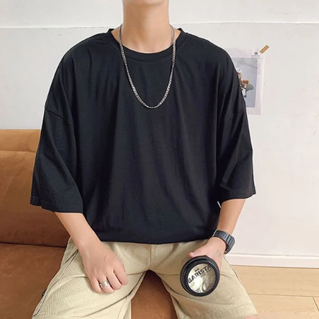 남자 라운드넥 반팔티 크롭티 오버핏 무지티 - 베이직 데일리 티셔츠