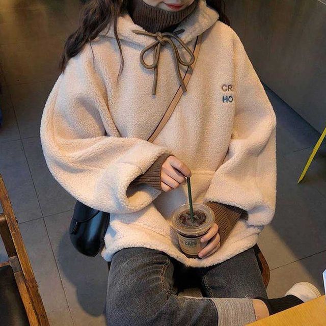 레이어드 목폴라 루즈핏 후리스 후드티 겨울 여성패션