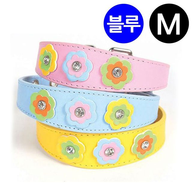 지엠펫 샤이니 플라워 가죽목줄 블루 M 강아지 목줄
