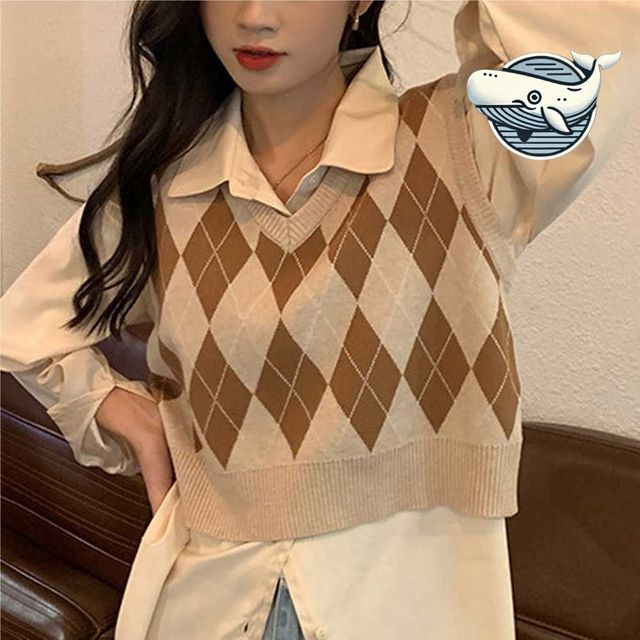 지속 가능한 아가일 니트 조끼 브이넥 패션
