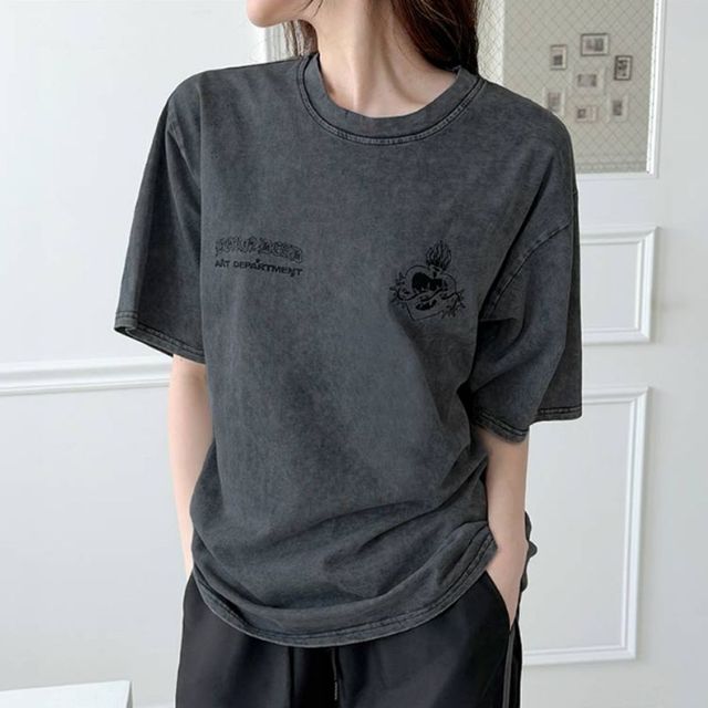 빈티지 여성 라운드 반팔 티셔츠 여자 여름 상의 반팔티