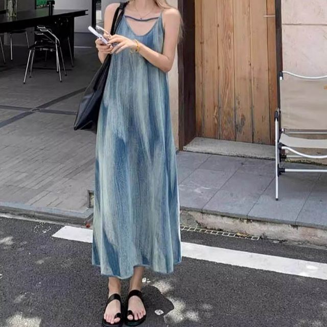 여성 여름 민소매 롱원피스 나염스타일 휴양지룩