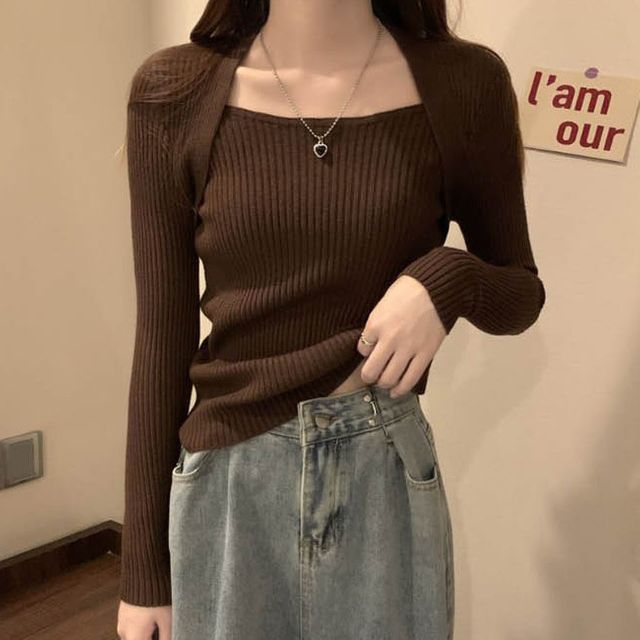 여성 스퀘어넥 골지 긴팔 니트티 1P 봄가을 티셔츠