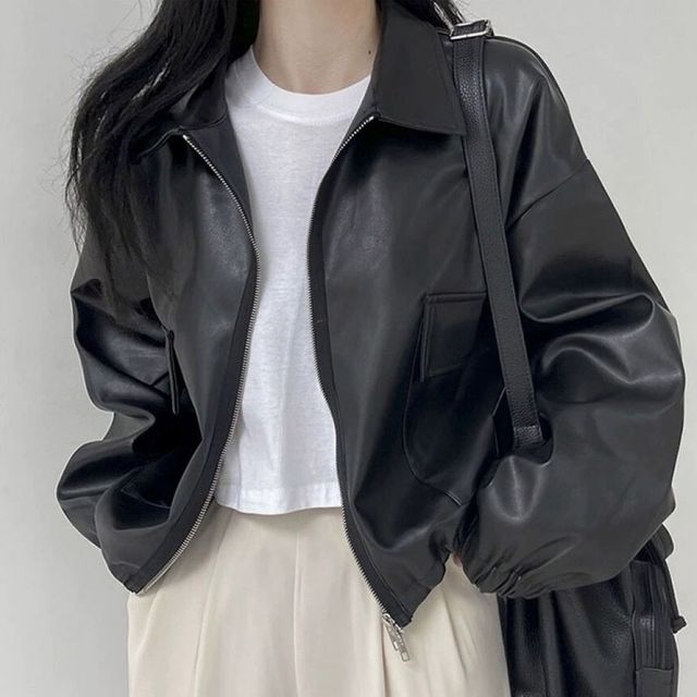 여성용 가죽 라이더 집업 점퍼 시보리 밴딩 투웨이 자켓