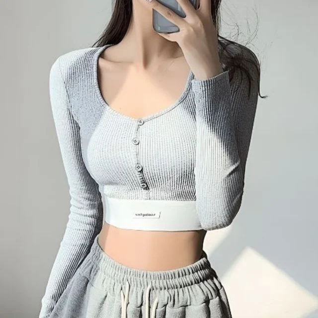 골지 스퀘어넥 크롭탑 긴소매 캐주얼 티셔츠