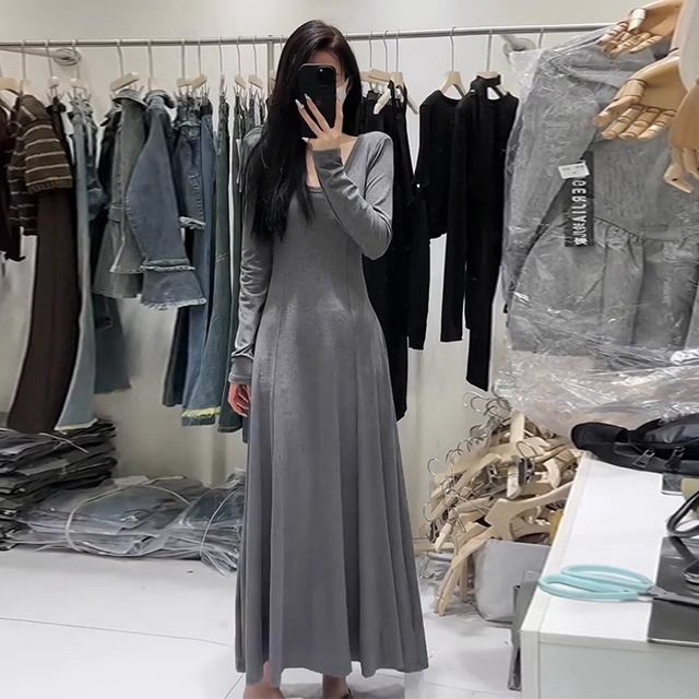 초가을 패션 간단한 기질 허리 느슨한 긴팔 원피스