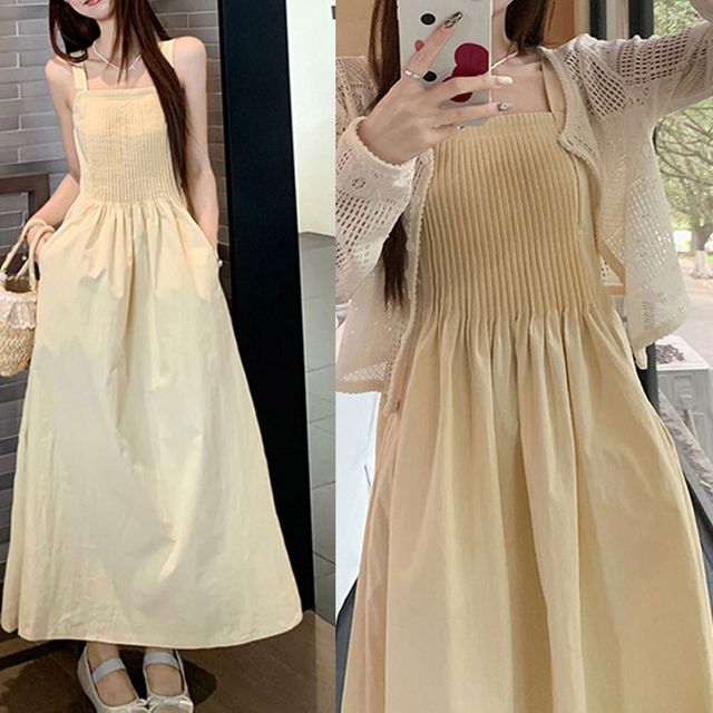 민소매원피스 A라인원피스 플레어스커트 체형커버 여리여리 앞핀턱 뒷 스모크밴딩 여름 데일리룩 휴가룩