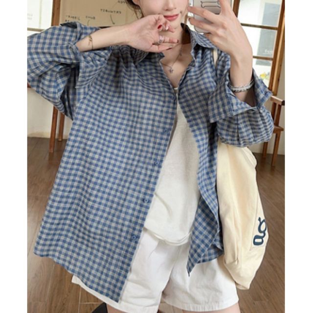 여성 체크 내추럴 카라 셔츠 1P 가벼운 단추 남방
