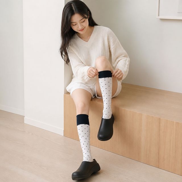 페블 도트 4컬러 배색 니삭스 면 장목 양말 레그워머