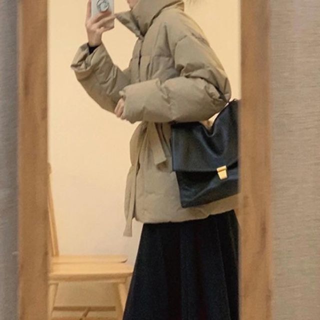 하이넥 패딩 점퍼 허리스트랩 보온 겨울 여성아우터