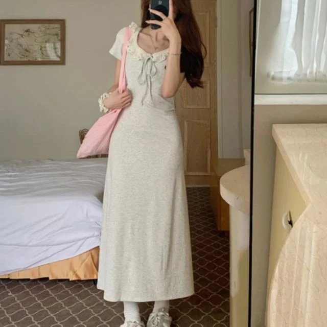 여성용 여름 바캉스 프릴 장식 레이스 카라 롱드레스