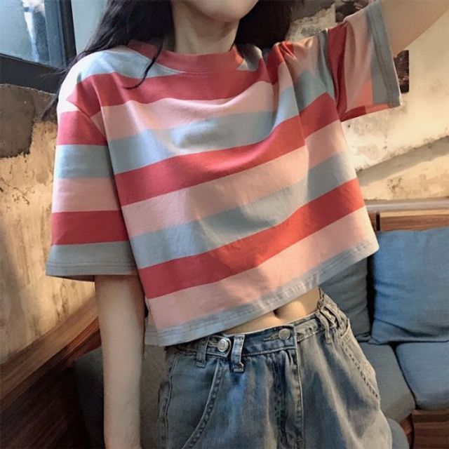 빅 사이즈 스트라이프 반팔 티셔츠 남성 크롭 반팔 티