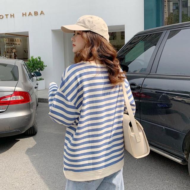 여성 스트라이프 맨투맨 긴팔티 루즈핏 데일리 티셔츠