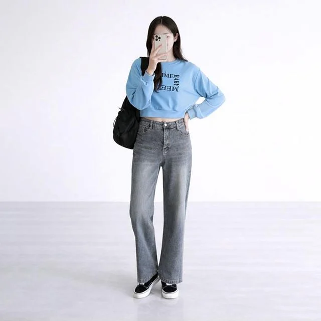 심플 편한 흑청바지 허리 뒷밴딩 데님팬츠 통청바지