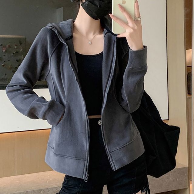 여자 캐주얼 패션 슬림 라인 플리스 후드 집업 자켓
