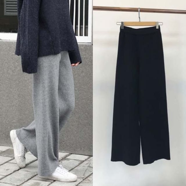 여성 홈웨어 데일리 편한 밴딩 와이드 골지 니트 팬츠