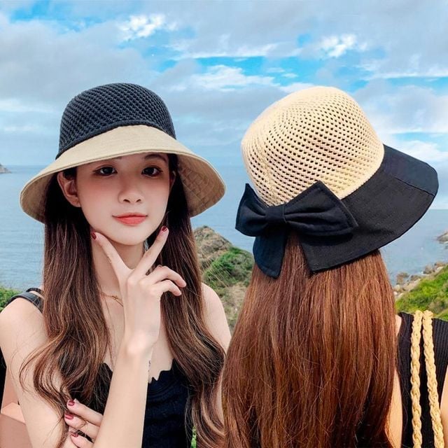 메쉬짜임 리본 버킷 비치캡