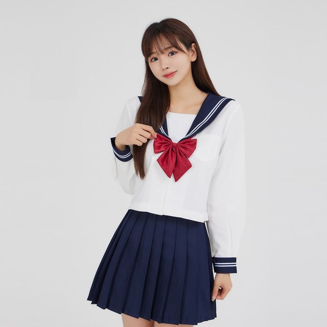 교복몰 화이트_네이비 플리츠 세라복 세트 (긴팔)